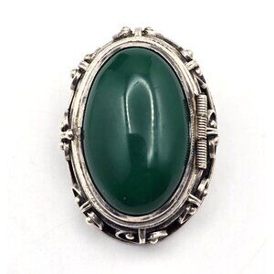 VTG Taxco Sterling Silver Locket Brooch Pin w/ Green Agate Oval Cabochon 1950s